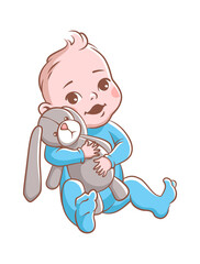 Baby boy. Cute infant hugging rabbit toy, smiling toddler in blue clothes sitting. Happy child vector isolated illustration