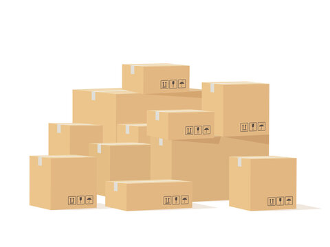 Box pile. Cardboard boxes different size with fragile signs, shipping goods carton package, stockpile cargo storage, delivery vector concept