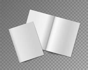 Soft cover books. Opened and closed empty booklet or brochure, album or book, journal or magazine template, publication paper sheets realistic vector mockup