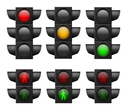 Realistic traffic light. Led lights red, yellow and green, crosswalk safety, control accidents, signals street regulation vector set