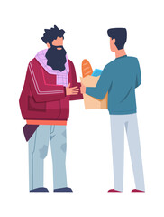 Volunteer helps homeless. Man donates food to poor citizen, stands giving food pack to hunger character, donations and charity concept, flat cartoon illustration