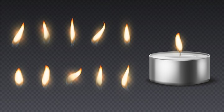 Tea wax candle with flame. Realistic burning 3d candles light and varios flames for animation picture, vector set isolated on black background