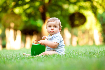 Healthy toddler plays with developing toy sitting on summer grass