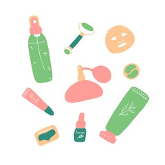 Skin care. Cosmetic products and accessories. Beauty icons for digital and print. Cute hand drawn flat vector graphic