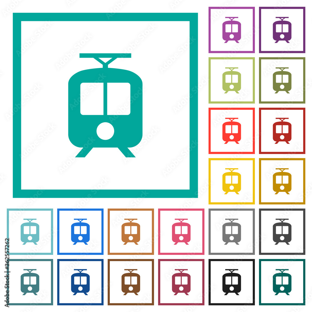 Poster tram flat color icons with quadrant frames