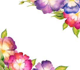 Watercolor floral frame. Pansies. Ideal for wedding, business cards, invitations