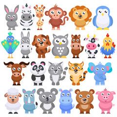 Collection of cute cartoon animals. Vector flat illustration.