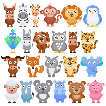 Collection of cute cartoon animals. Vector flat illustration.