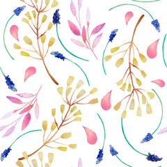 Watercolor seamless pattern. Hyacinth, flowers, petals, twigs on a white background