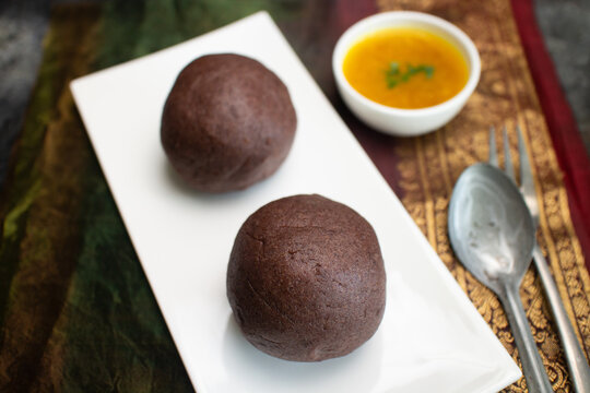 Ragi Mudde, Ragi sangati or finger millet balls healthy snack in Karnataka, India. Top view of traditional south Indian food