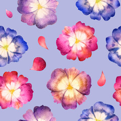 Watercolor seamless pattern. Pansies with green leaves on a blue background