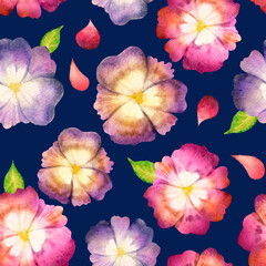 Watercolor seamless pattern. Pansies with green leaves on a dark blue background