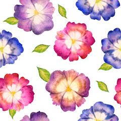 Fototapeta na wymiar Watercolor seamless pattern. Pansies with green leaves on a white background