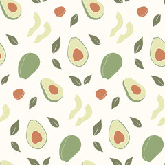 Trendy hand drawn seamless pattern with fresh avocado. Abstract avocado print. Vector template for product packaging, cover, textile, wallpaper, etc.
