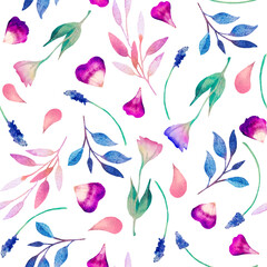 Fototapeta na wymiar Watercolor seamless pattern. Roses, leaves, petals on a white background