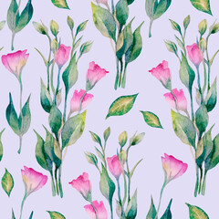 Watercolor seamless pattern. Roses with leaves on a purple background