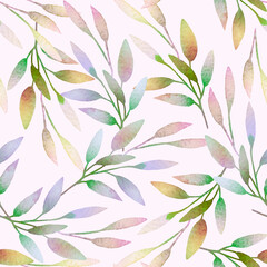 Watercolor seamless pattern. Twigs and leaves on pastel lilac background