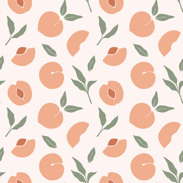 Trendy seamless pattern with peaches. Abstract peach fruits. Hand drawn overlapping texture. Vector illustration, good for printing.
