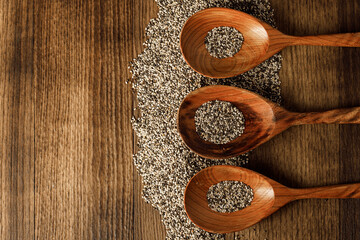 Fototapeta na wymiar Wooden spoon with chia seeds close up