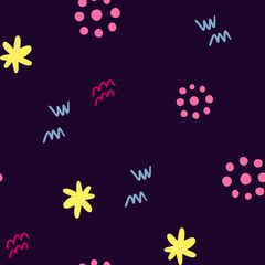 Abstract seamless pattern in the Doodle style. Image of bright decorative elements in the Doodle style on a dark background. Pattern for fabric or clothing. Vector illustration.