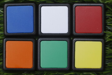 Kostki kolorowe w czarnej ramce na trawie © Seance_Photo_Sylwia