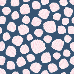 Light pink seashells on calm blue background. Seamless ocean sea flat pattern. Suitable for packaging, textile, poster, card.