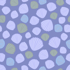 Colorful flat seashells on purple background. Seamless sea underwater summer pattern. Suitable for packaging, textile.