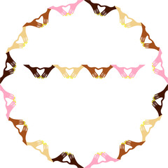 
Round frame made of human palms in different colors. The palms are closed in the form of hearts. The idea of ​​unity of races and nationalities. Peace and friendship