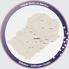Fototapeta premium Round button with detailed map of Jefferson county in Alabama, USA.