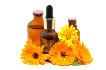 Concept of calendula flower essential oil, extract and tincture - beauty treatment.