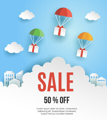 Fototapeta na wymiar Sale banner template. Gift Box flying on parachutes, paper art style, vector illustration.