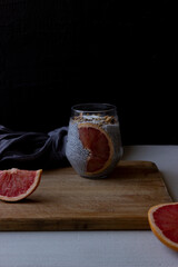 Chia seeds puddings with grapefruit. Still life photography.