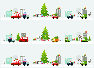 Christmas pattern. Holiday city. Houses and bright cars with gifts and Christmas trees. Vector background in cartoon flat style.