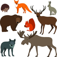 Set of animals: fox, wolf, bear, elk, deer, hedgehog, squirrel, hare; flat vector, wild animals
