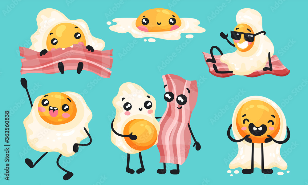 Poster cartoon bacon strip and scrambled egg doing different activities vector set