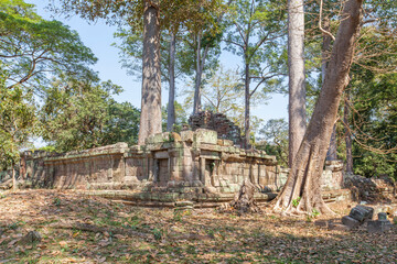 Fototapeta premium Ancient Preah Palilay temple in Angkor Thom and huge Banyan trees. Angkor, Cambodia.