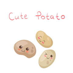 Kawaii Fresh Potatoes vector characters isolated on white background. Funny happy & smiling potato friends with hand written lettering. Cute yummy food product mascot illustration. Kids menu concept.
