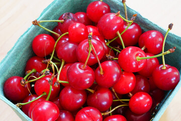 Container of fresh red sour cherries at a farmers market