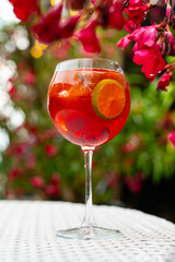 Refreshing fruit sangria (punch) on wood table