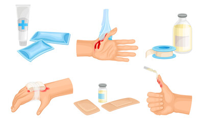 Hands with Injured Skin and Procedures of Bandaging and Wound Cleaning Vector Set