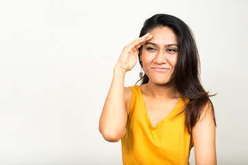 Fototapeta premium Portrait of Asian woman thinking and searching something