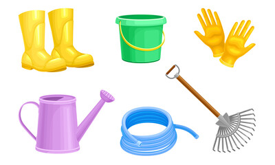 Garden Tools with Watering Can and Ironmongery Vector Set
