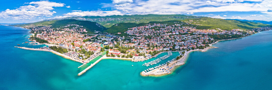 Crikvenica. Town on Adriatic sea waterfront aerial panoramic view.