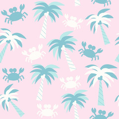 Fototapeta na wymiar Cute colorful trendy summer seamless vector pattern background illustration with palm trees and crabs
