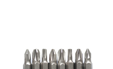 Close up photo of Drill bit set 8 type on isolated white  background