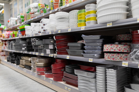 MINSK, BELARUS - April 01, 2020: Large Selection Of Cookware On Store Shelves