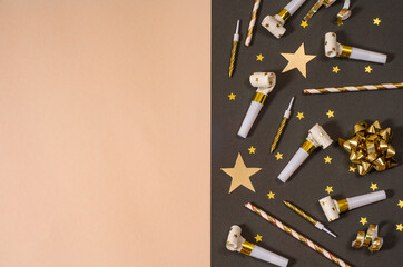 concept birthday party on pastel  background top view pattern. pattern of gift, streamer, decorations, ribbons, bow, stars.