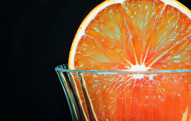 Fresh slice of juicy orange in the glass against black background