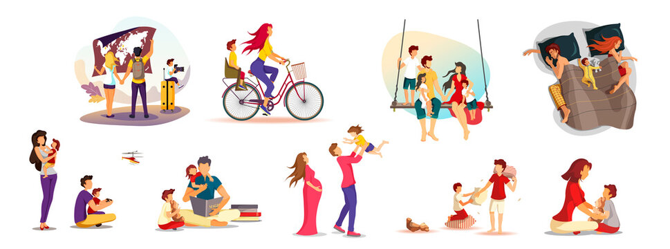 Set of scenes with family. Isolated vector Illustrations for Motherhood, Fatherhood, Parenthood, Childhood, Leisure, Happy family, Travel, Reading, Sleeping.