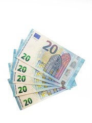 Paper money of the euro on a white background neatly laid out, straight, smooth. Denomination twenty, ten, fifty, five euros. Savings. Saving. Credit. Spare pillow for a rainy day.